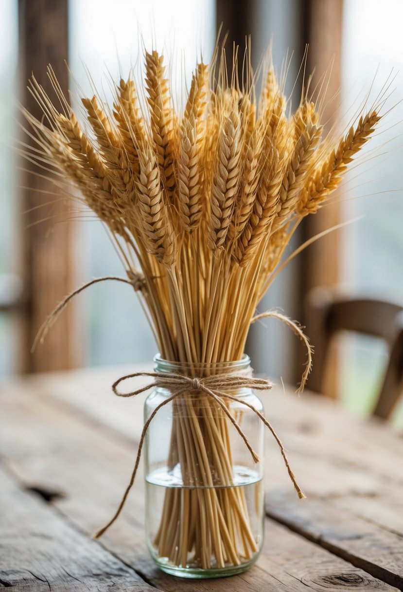 Dried wheat stalks tied with twine in a glass jar on a wooden dining table.