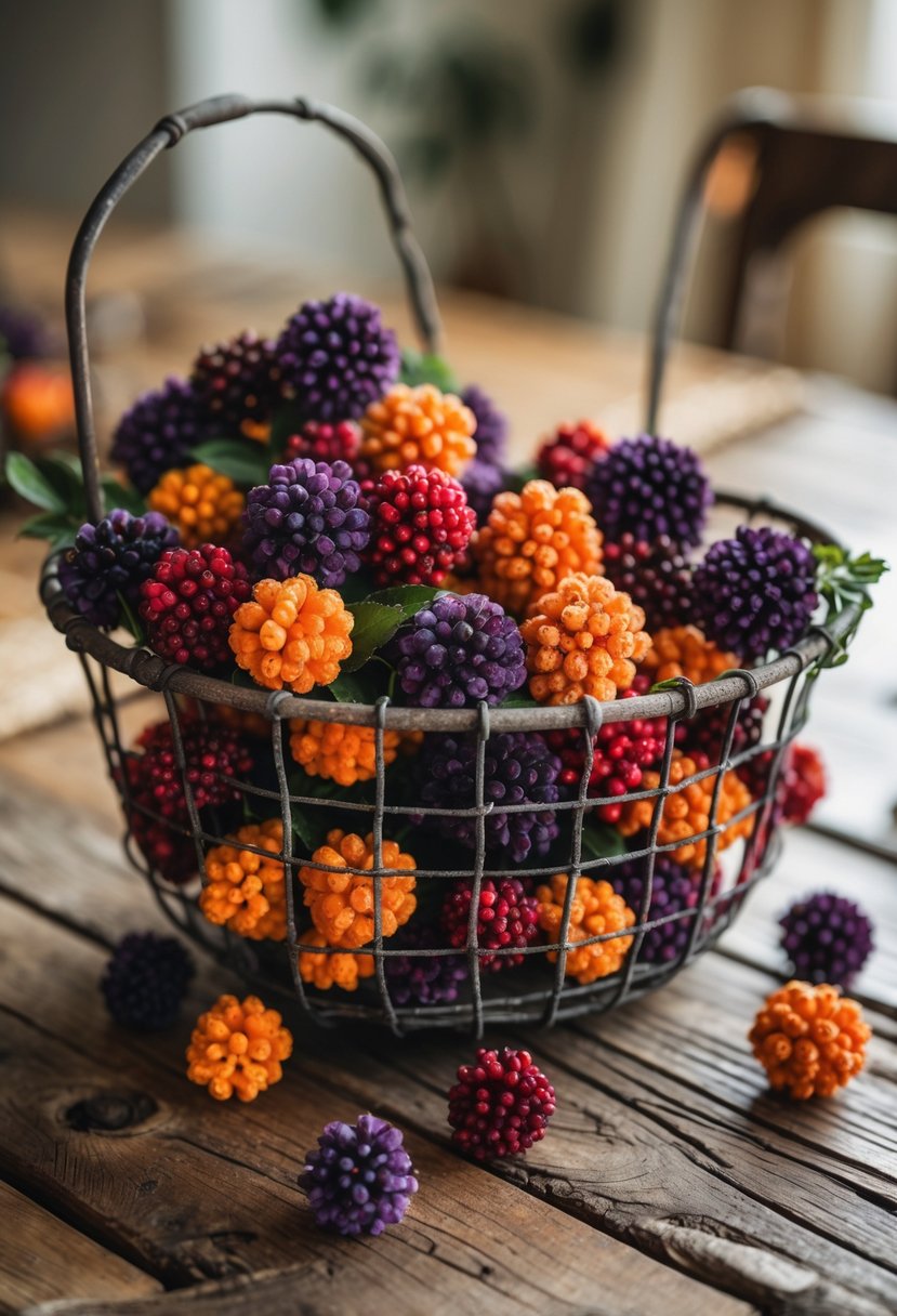 A wire basket filled with colorful faux berries sitting on a wooden dining table.