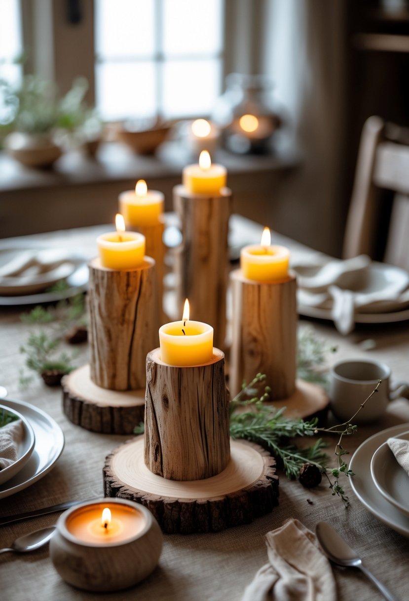 A rustic wooden dining table with handcrafted wooden candle holders holding lit beeswax candles as a centerpiece.