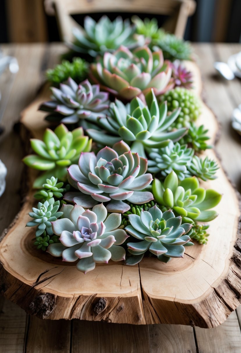 A natural wood slab with assorted succulents arranged as a centerpiece on a dining table.