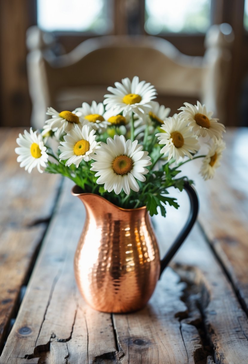 A copper pitcher filled with wild daisies sitting on a rustic wooden dining table.
