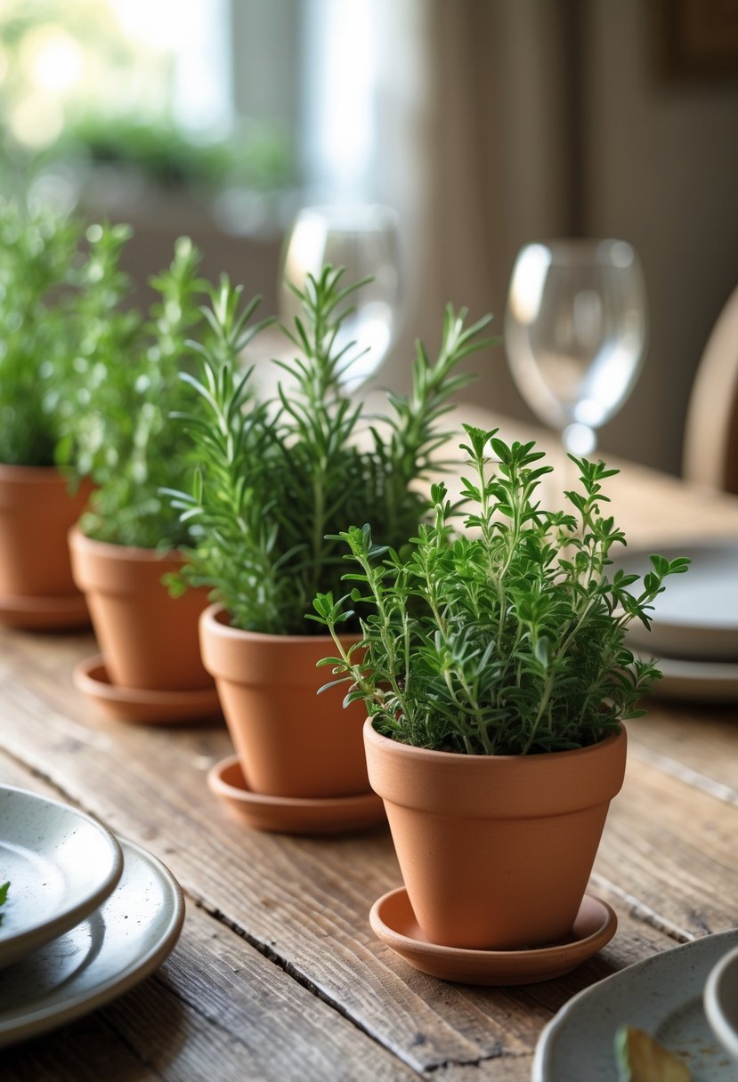 Small terracotta pots with rosemary and thyme arranged on a wooden dining table.