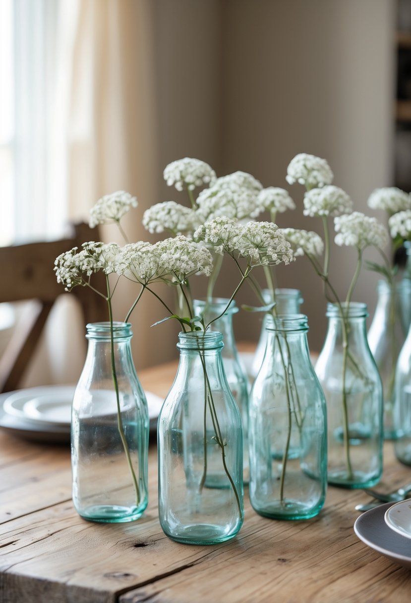 A wooden dining table with vintage glass milk bottles, each holding a single stem of white baby's breath flowers.