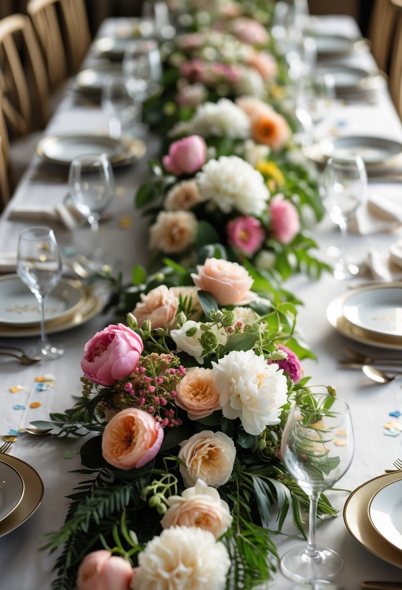 A birthday party table decorated with cascading floral runners and elegant table settings.
