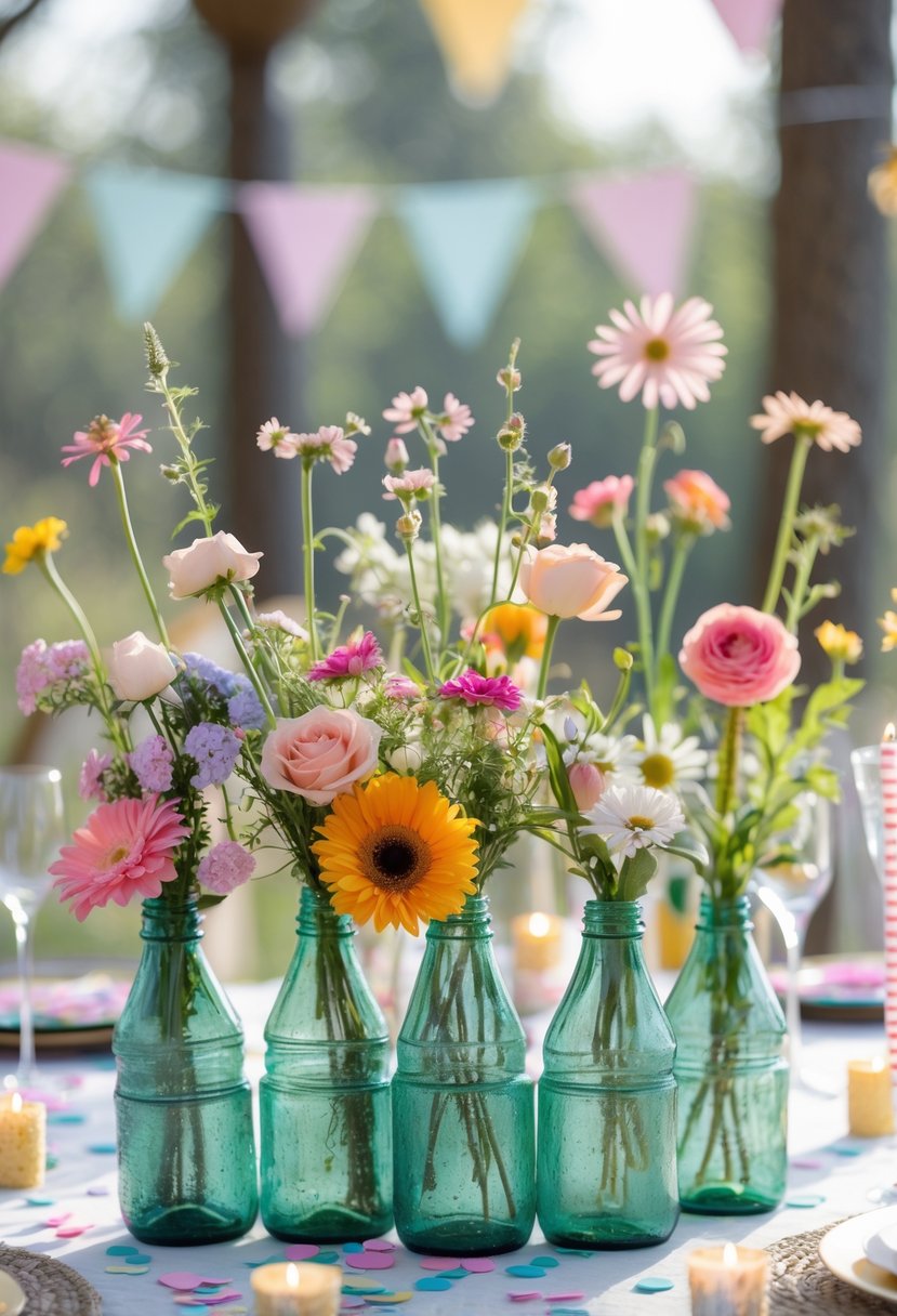 A birthday party table centerpiece with upcycled glass bottles holding fresh colorful flowers.