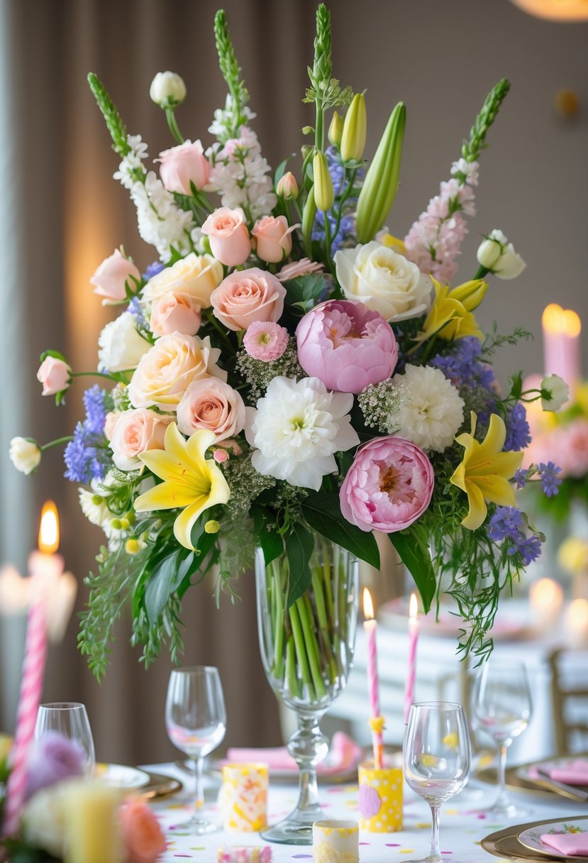 A birthday party table with tall mixed floral bouquets as centerpieces, surrounded by candles and tableware.