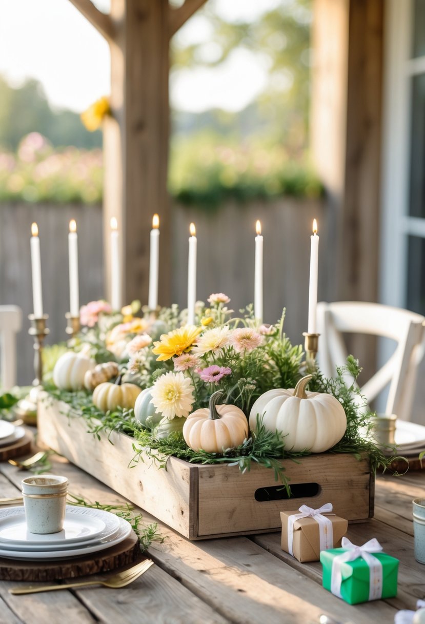 A rustic wooden table with a birthday party centerpiece featuring flowers, greenery, candles, and small decorative items.