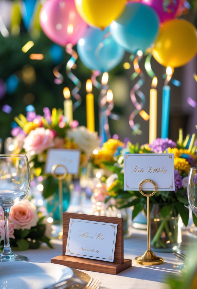 A birthday party table with personalized name card holders as part of a colorful and festive centerpiece arrangement.