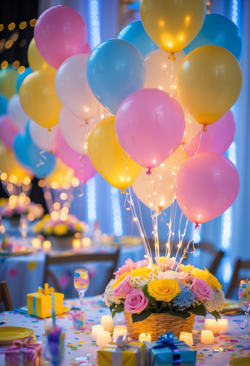 A birthday party table decorated with colorful balloon bundles illuminated by soft LED lights surrounded by festive decorations.