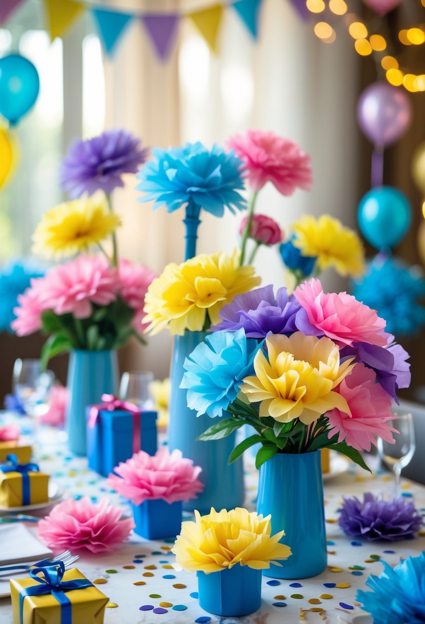 A birthday party table decorated with colorful tissue paper flower arrangements and festive decorations.