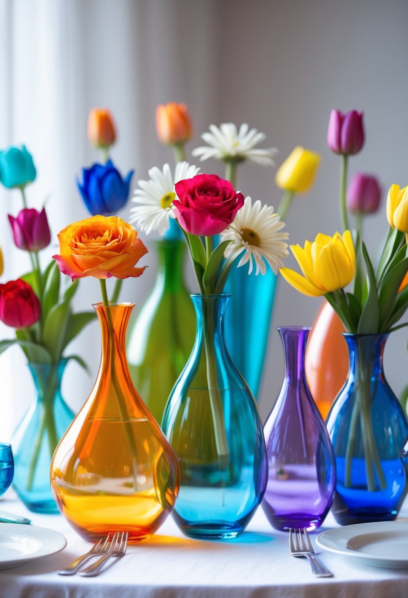 A birthday party table with rainbow-colored glass vases filled with fresh flowers arranged as a centerpiece.