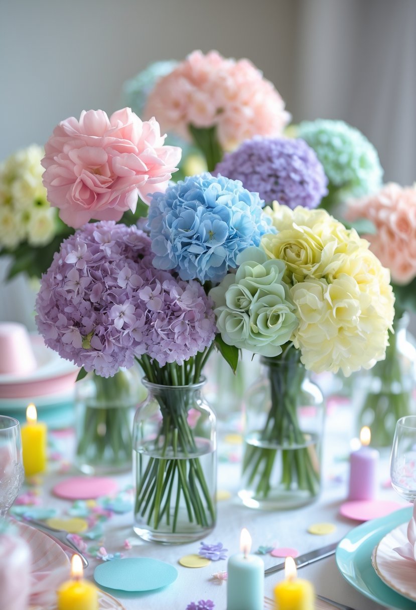 A birthday party table decorated with several pastel-colored flower bouquets arranged as centerpieces.