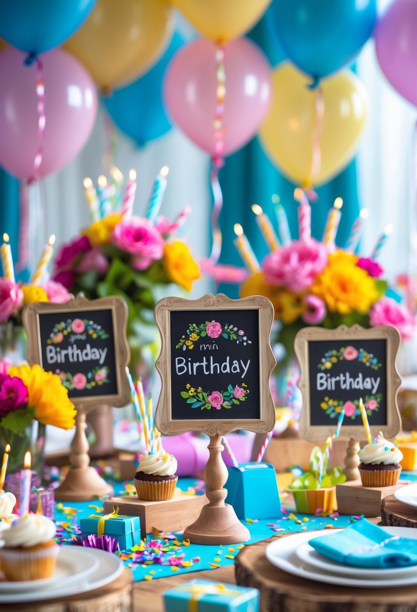 A birthday party table decorated with mini chalkboard signs, colorful balloons, flowers, cupcakes, and candles.