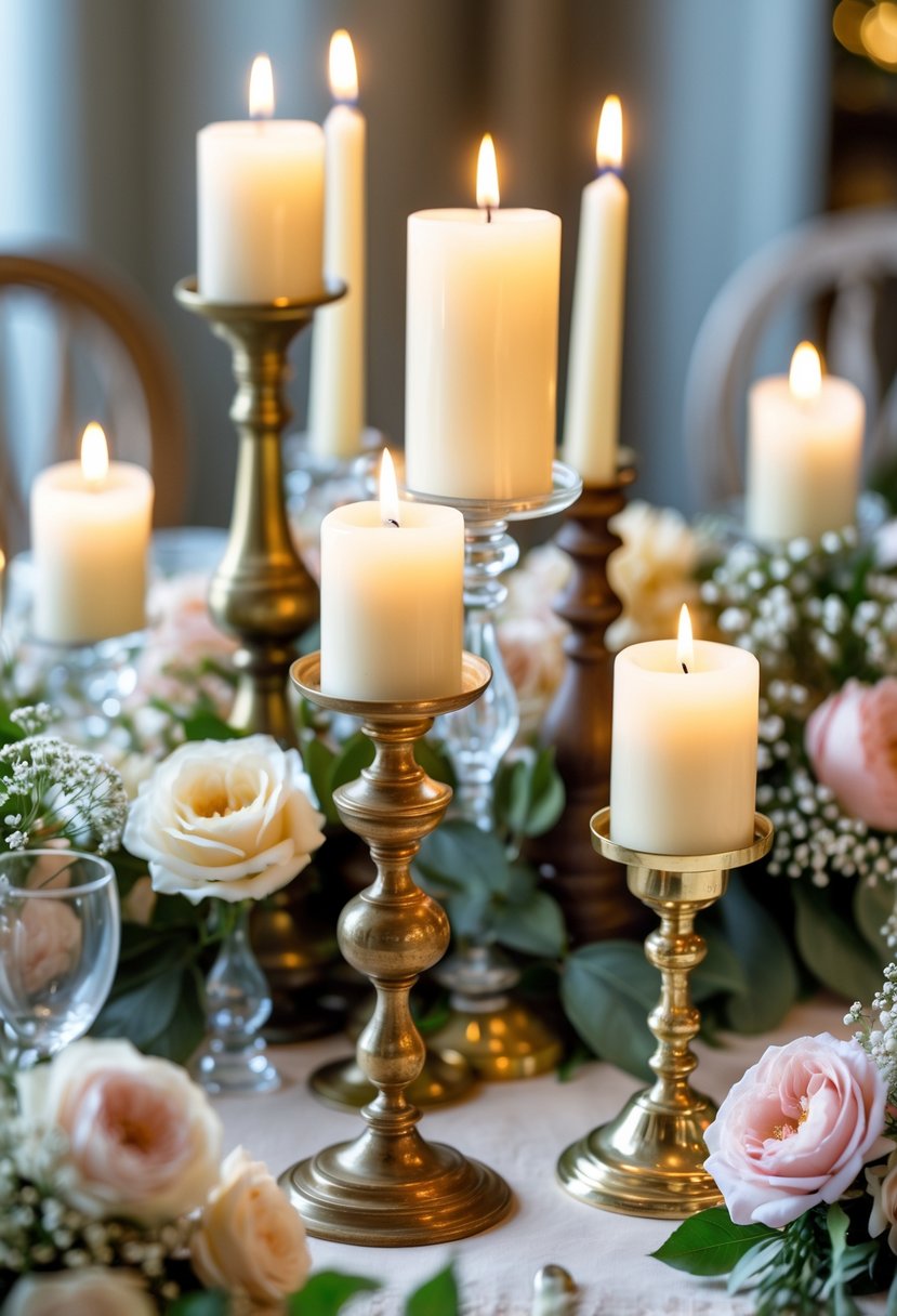 A birthday party table centerpiece with lit candles in vintage holders surrounded by pastel flowers and greenery.
