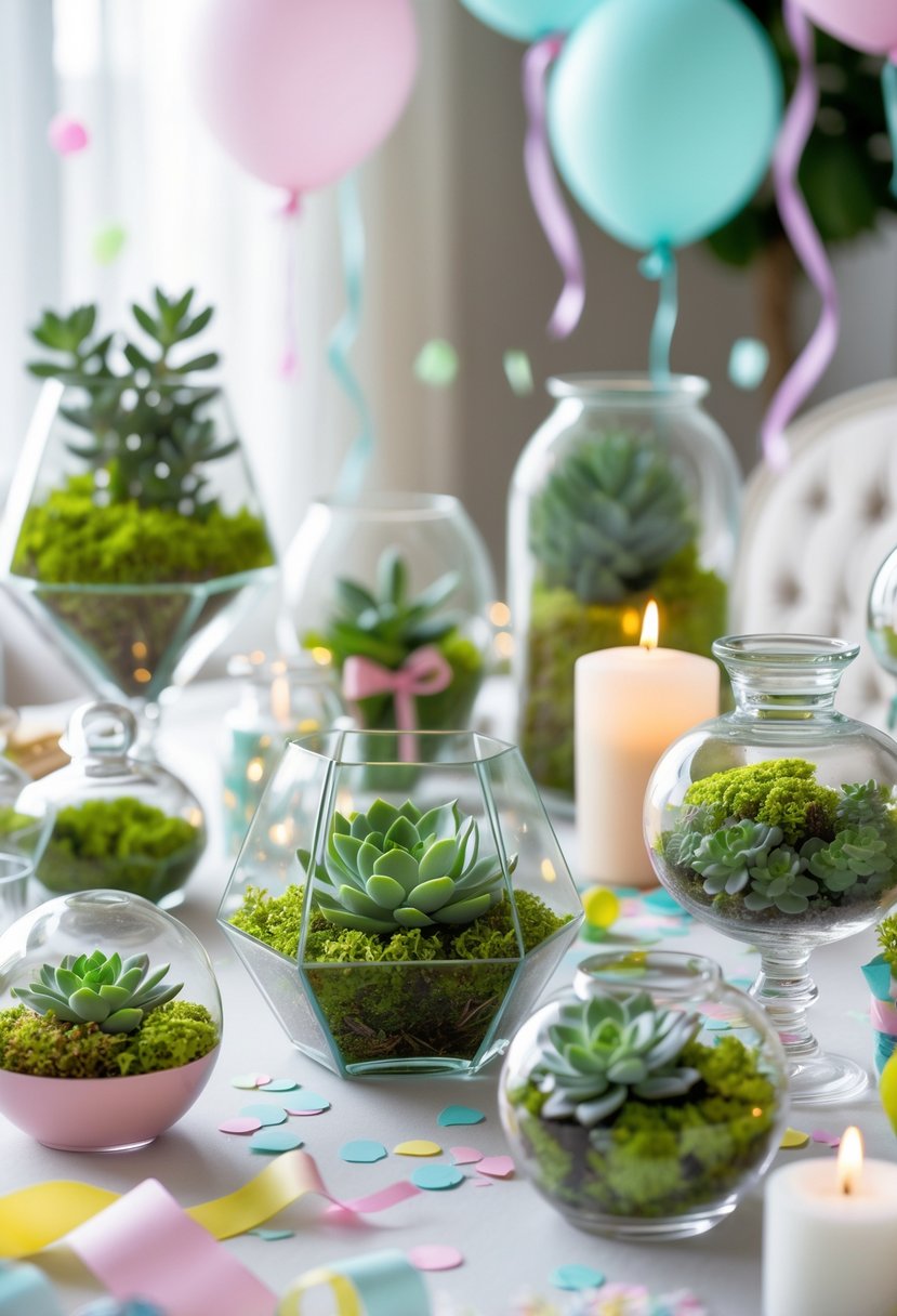 A table decorated with 21 succulent and greenery terrariums arranged as birthday party centerpieces, surrounded by subtle party decorations.
