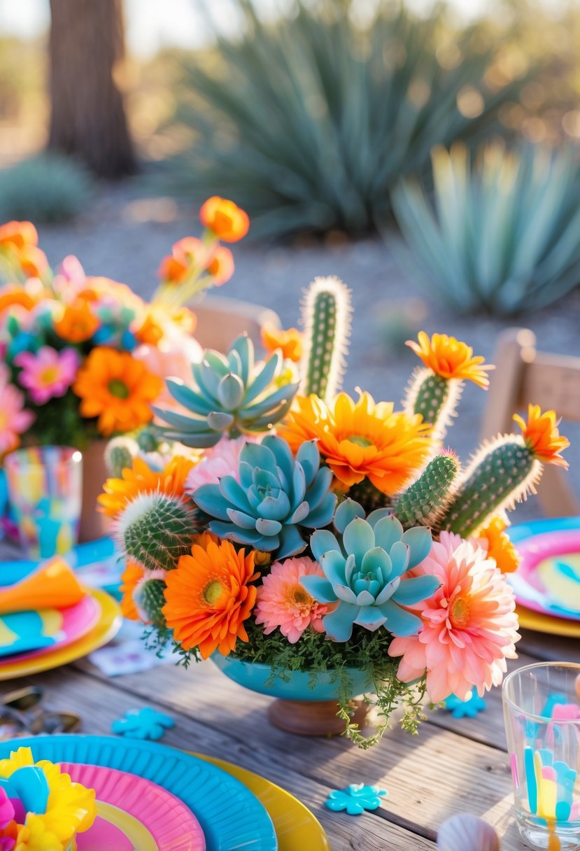 A birthday party table with bright desert-themed floral centerpieces including succulents and colorful flowers arranged on a wooden table.