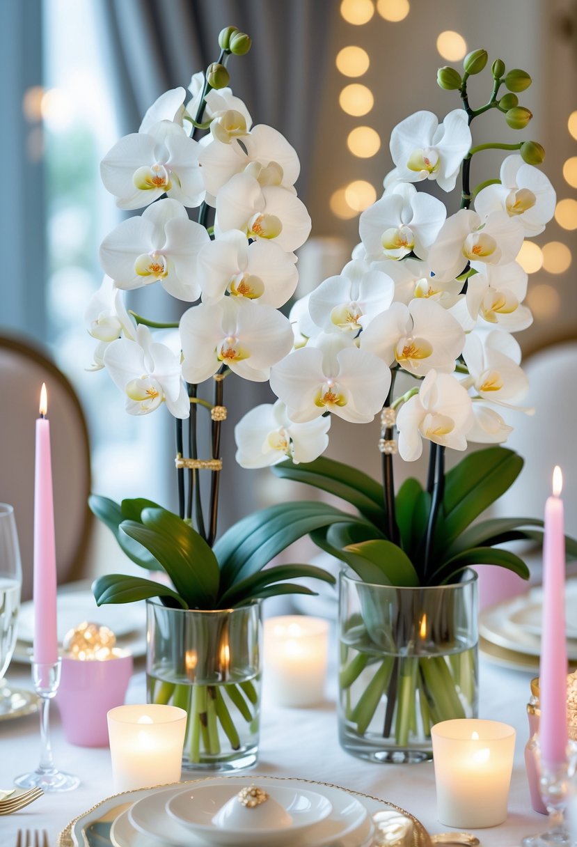 A birthday party table with elegant white orchid flower arrangements as centerpieces.