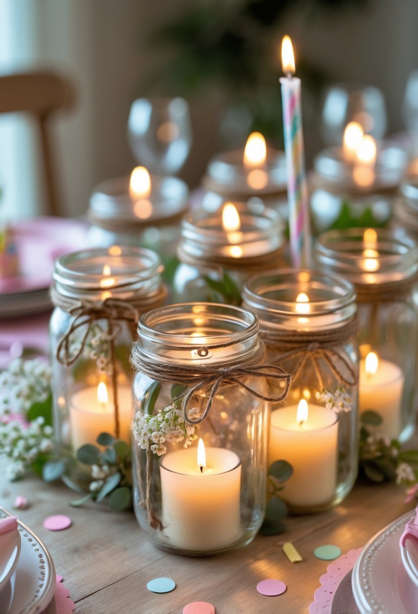 A birthday party table centerpiece featuring a cluster of mason jar candle holders with lit candles and floral decorations on a wooden table.