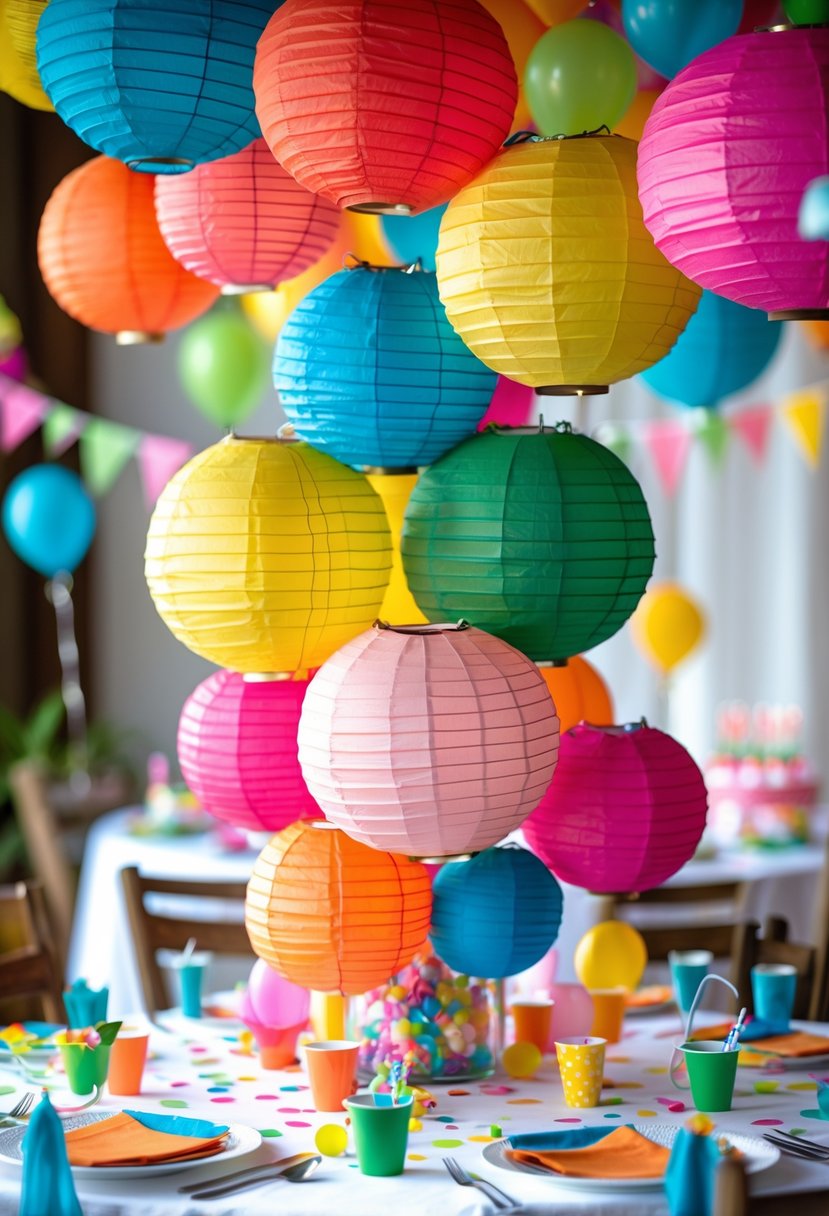 A birthday party table with colorful paper lantern centerpieces and festive decorations.