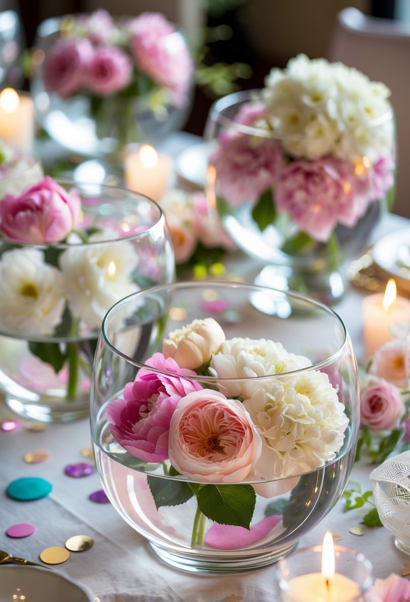 A birthday party table with floating glass bowls filled with colorful fresh flowers as centerpieces.