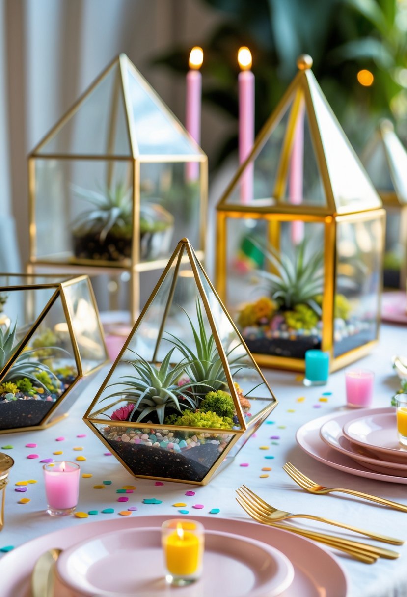 A birthday party table decorated with geometric glass terrariums containing green plants and colorful stones, surrounded by plates, cutlery, and candles.