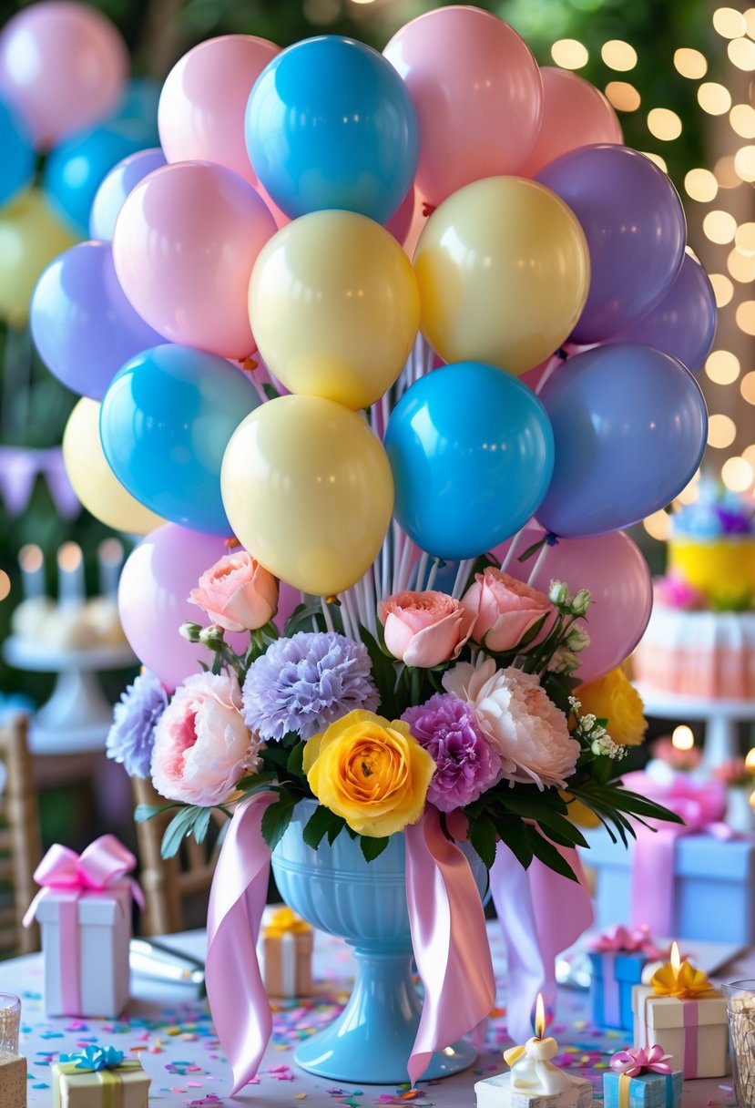A birthday party table centerpiece with colorful balloons, ribbons, and fresh flowers arranged on a decorated table.