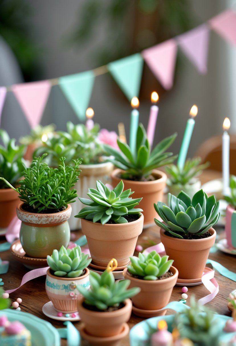 A birthday party table with miniature potted plants arranged as centerpieces and party favors.