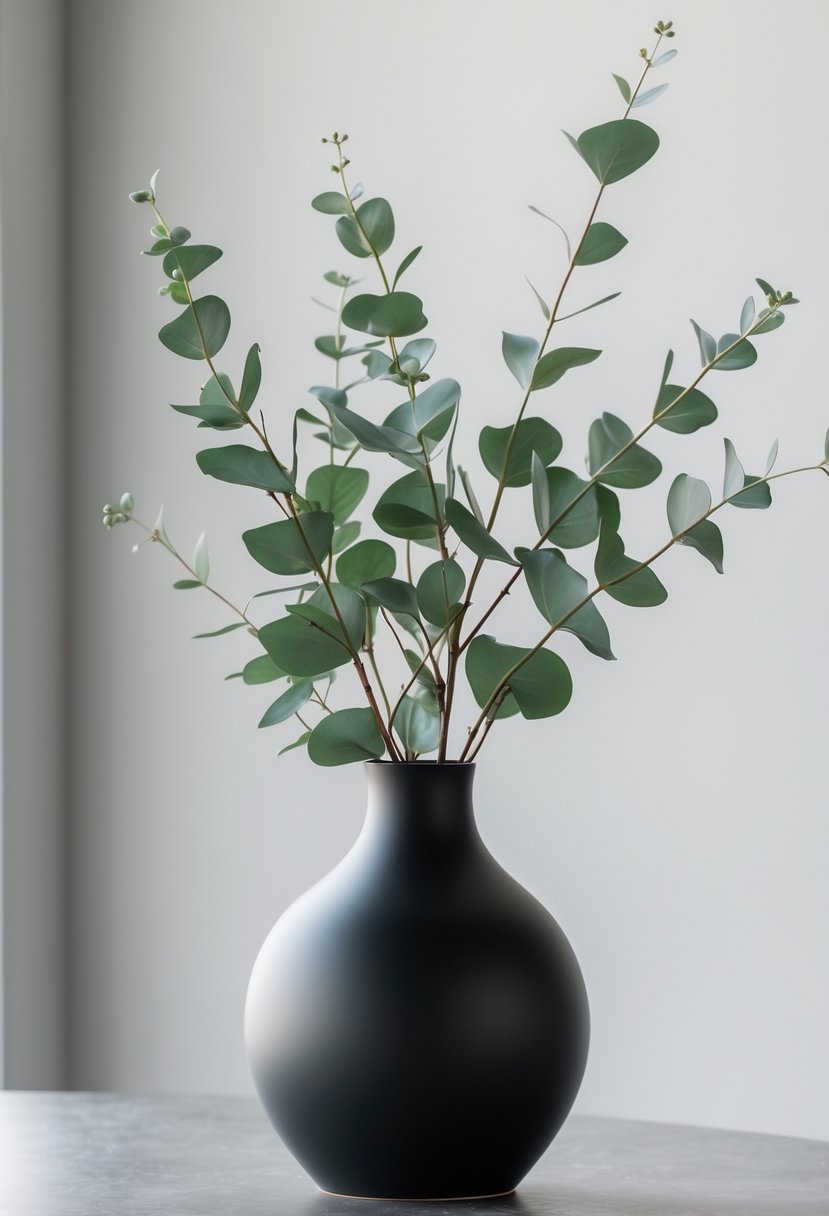 Matte black ceramic vase with eucalyptus sprigs on a minimalist table.