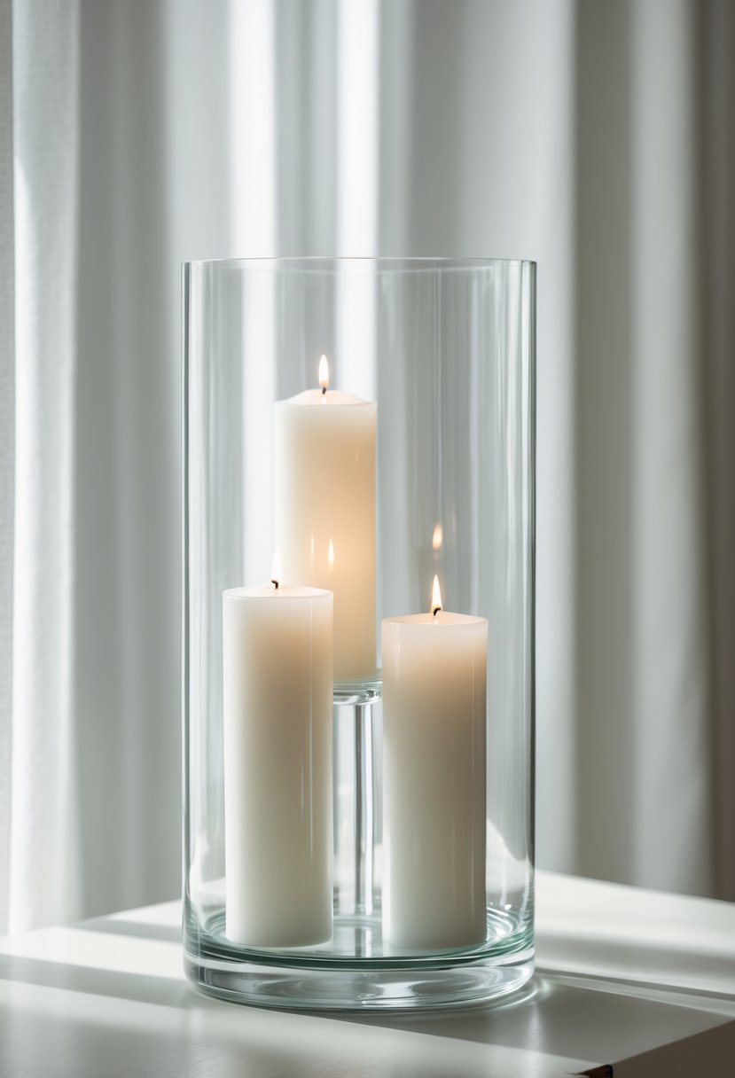 Clear glass cylinder vase holding three white pillar candles on a light surface with a blurred background.