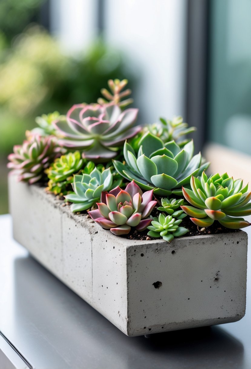 A low-profile concrete planter filled with various green succulents on a modern table.