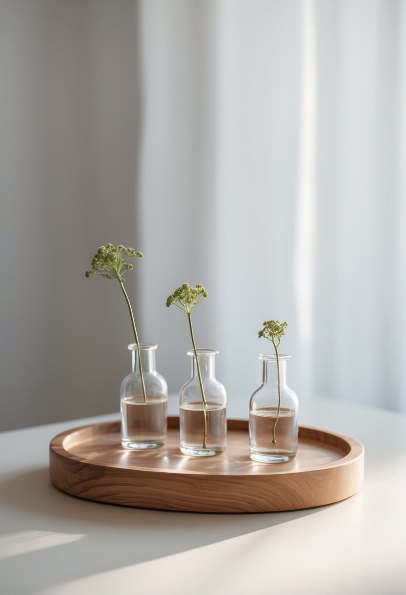 A wooden tray holding three small glass bud vases with single green stems, placed on a light surface.