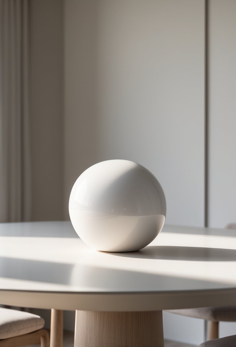 A white ceramic spherical centerpiece on a wooden table in a bright room.