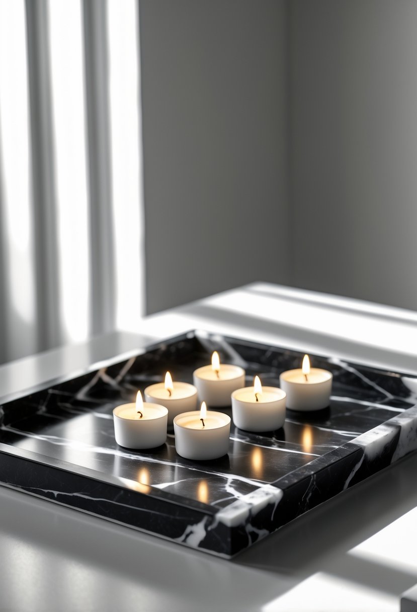 A black and white marble tray with small votive candles, some lit, arranged on a table.