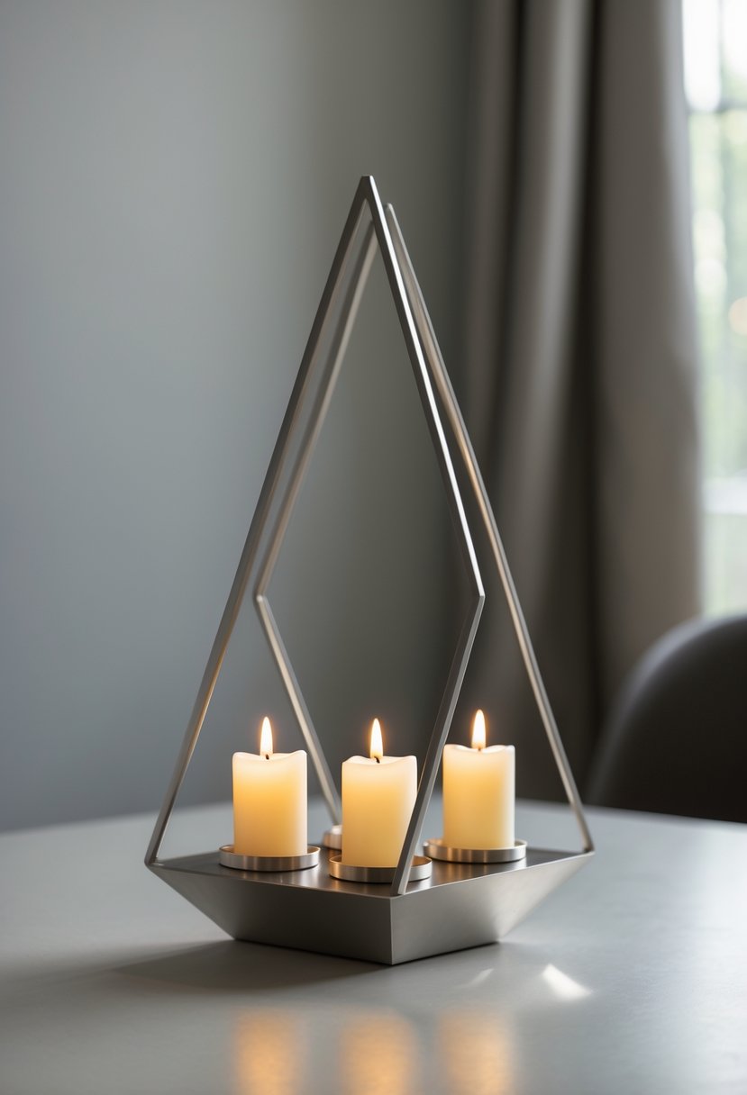 A thin metal geometric candle holder with LED candles glowing softly on a tabletop.