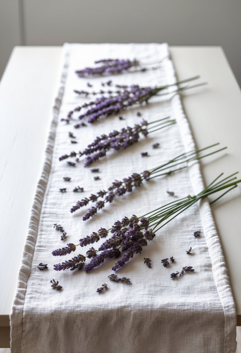 A linen table runner on a wooden table with scattered dried lavender sprigs arranged along it.