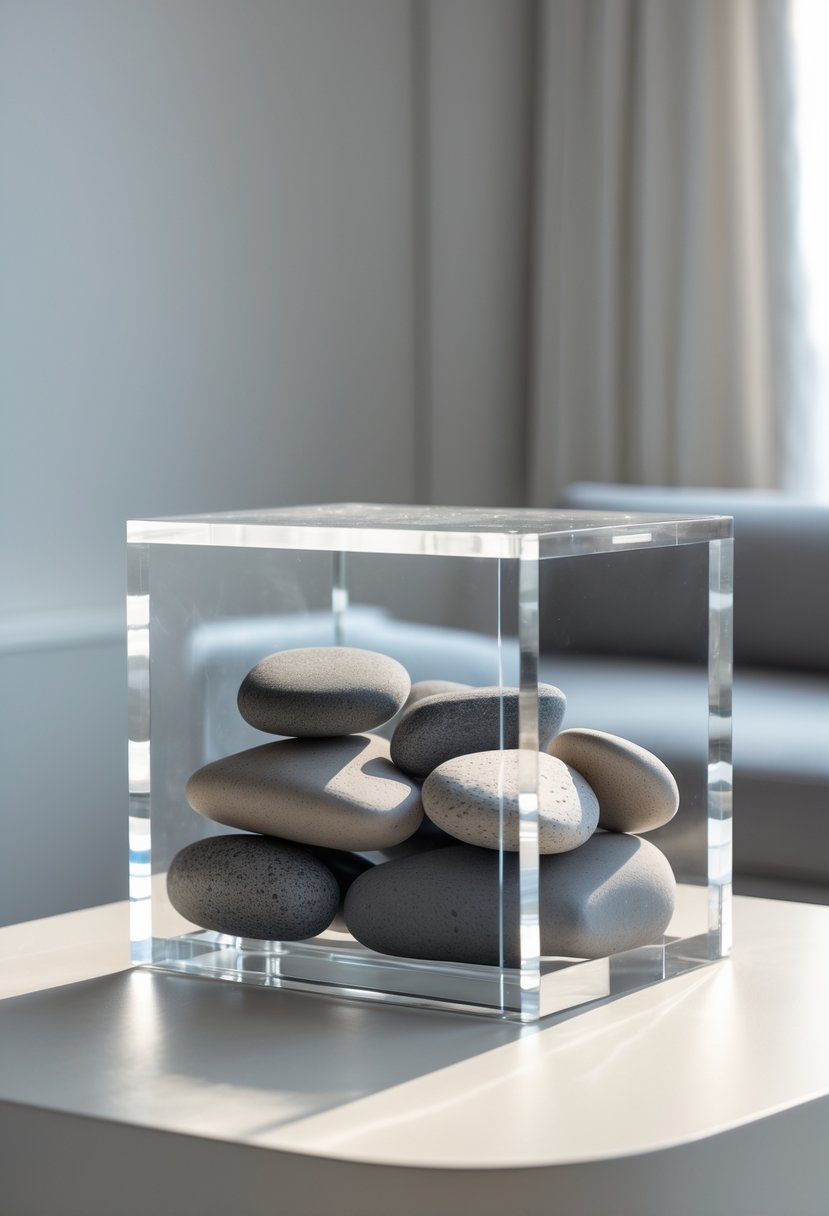 A clear acrylic box filled with smooth river stones sitting on a table.