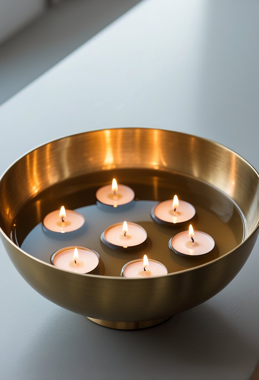 A brass bowl filled with floating tea light candles on a table.