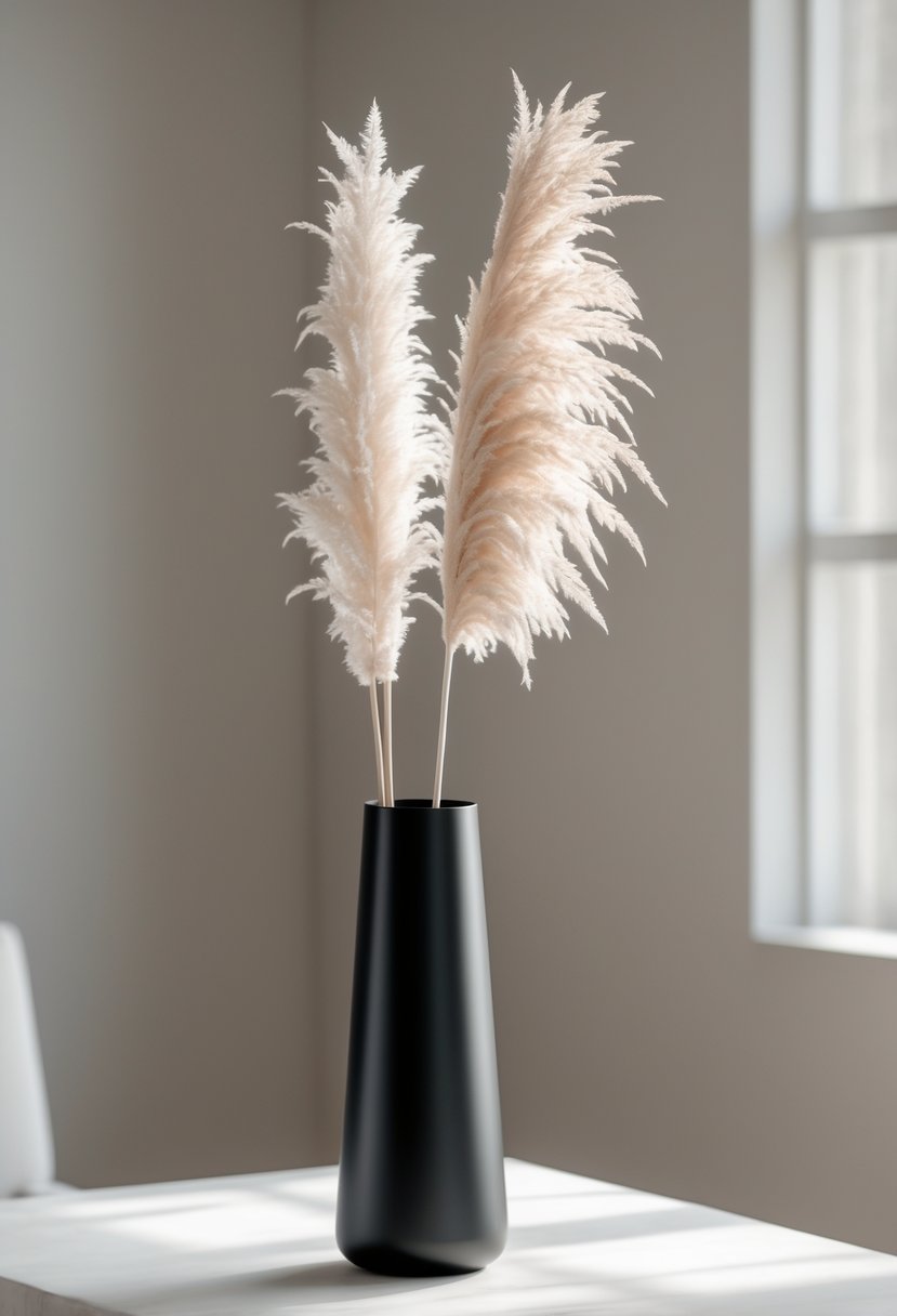 A slim black metal vase with a single tall pampas grass plume on a clean surface.