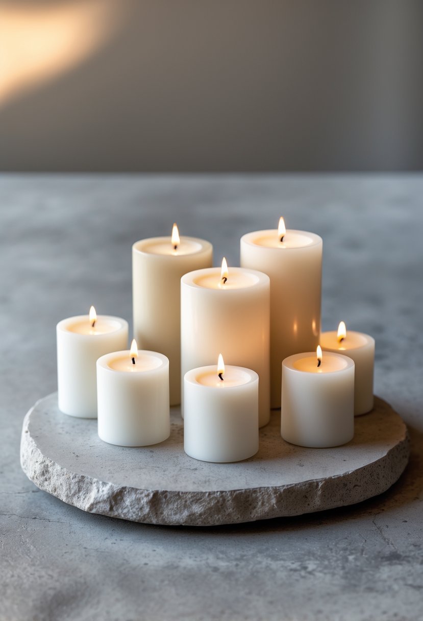 A small group of white pillar candles placed on a matte stone slab.