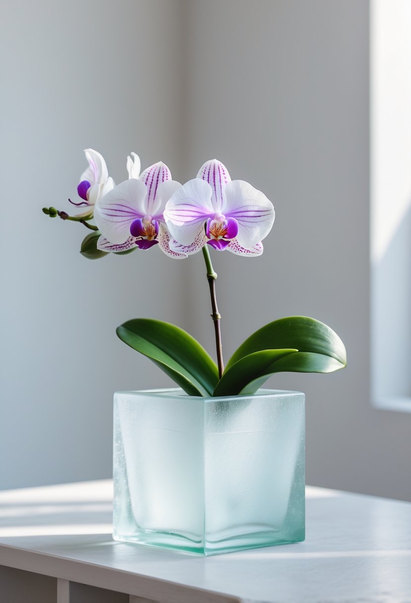 A frosted glass cube vase holding a single orchid stem on a light surface.