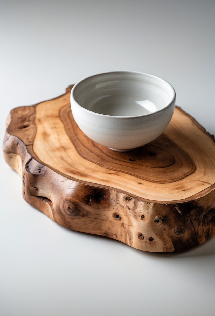 A natural wood slab with a single modern ceramic bowl placed on top against a plain background.