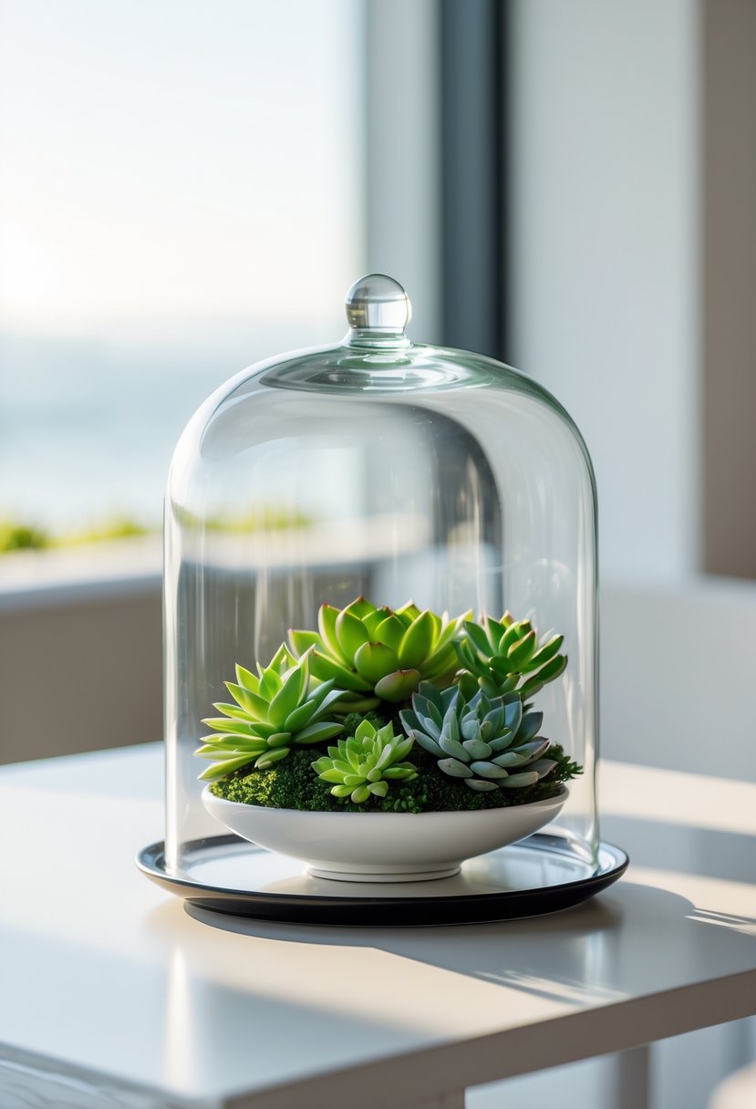 A clear glass cloche covering a small arrangement of green succulents on a table.