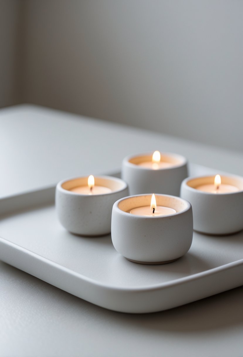 A matte white porcelain tray with several minimalist tea light holders, each holding a lit candle, arranged on a light surface.