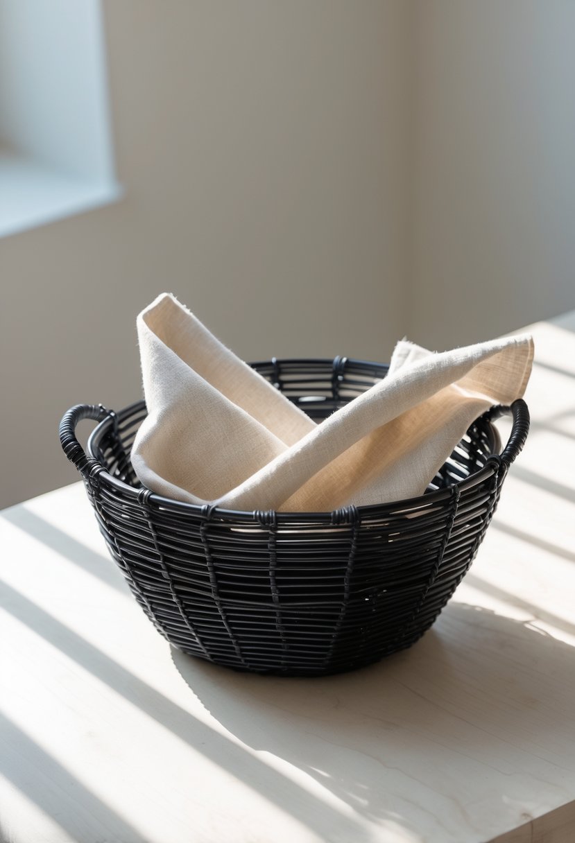Small black rattan basket with a neutral cotton napkin on a light wooden table.