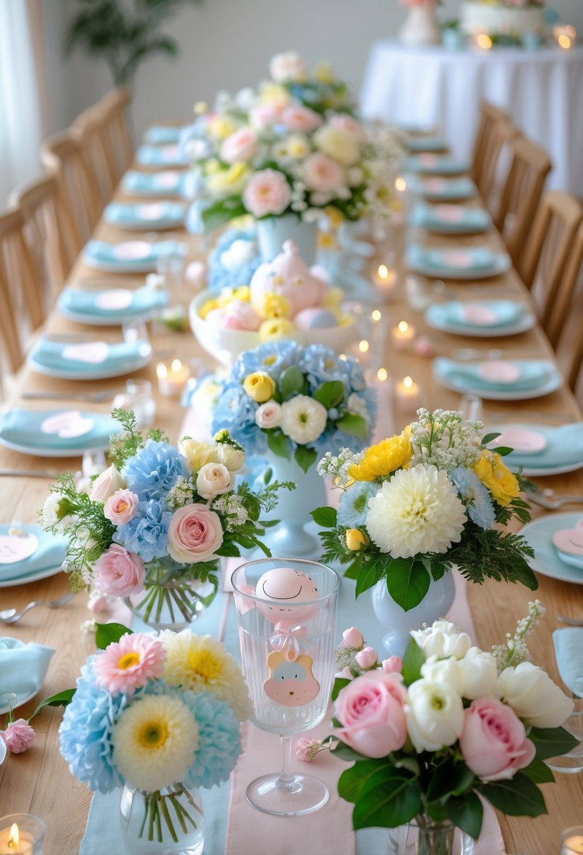 A table displaying 15 different baby shower flower centerpieces with pastel flowers and decorations.