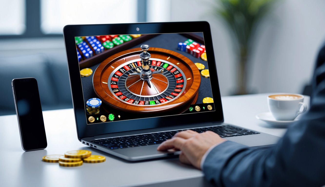 Layar laptop menampilkan permainan roulette online dengan roda berputar dan chip taruhan di meja virtual.
