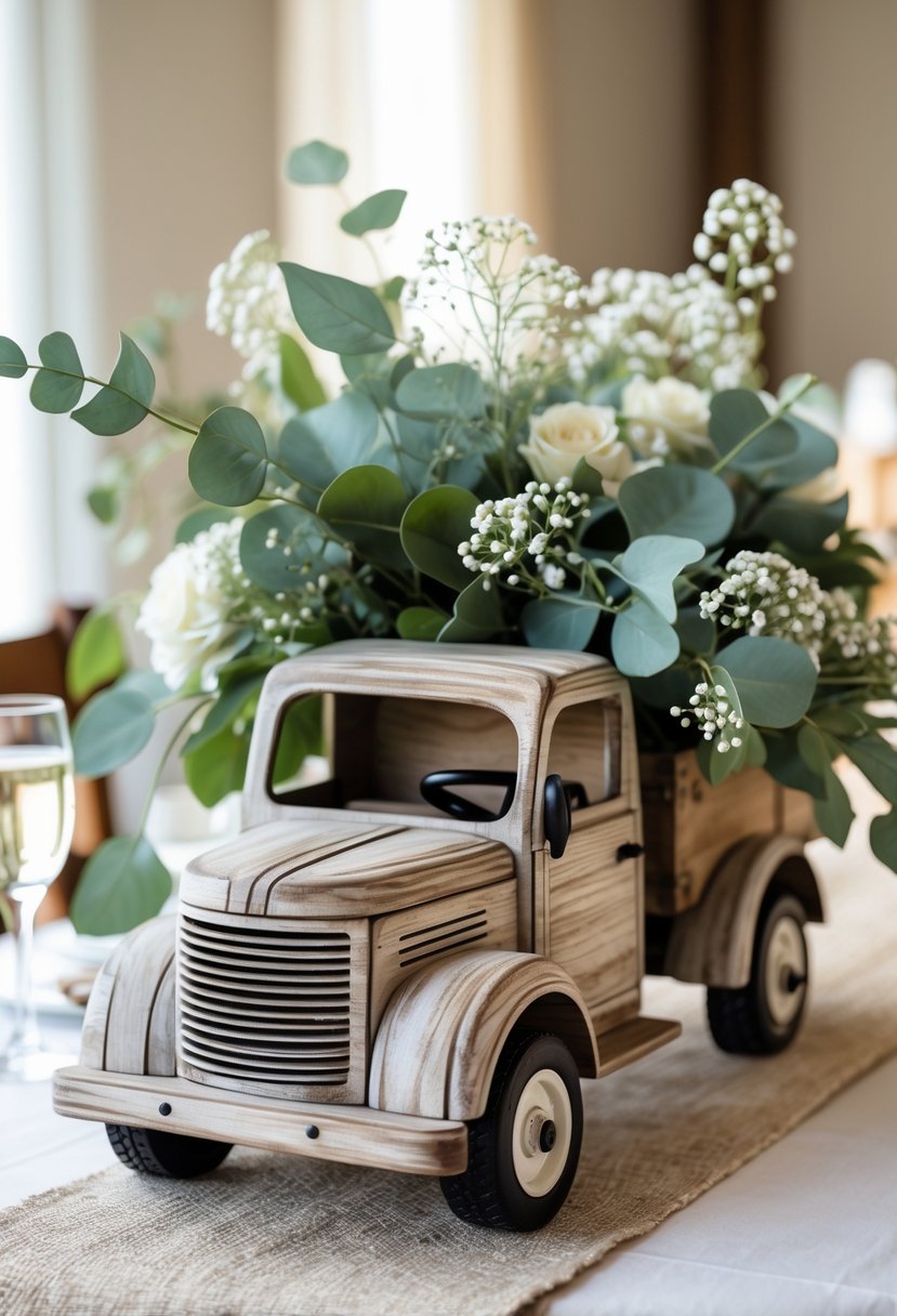 A rustic vintage toy truck filled with eucalyptus leaves and white baby's breath flowers as a baby shower centerpiece on a table.