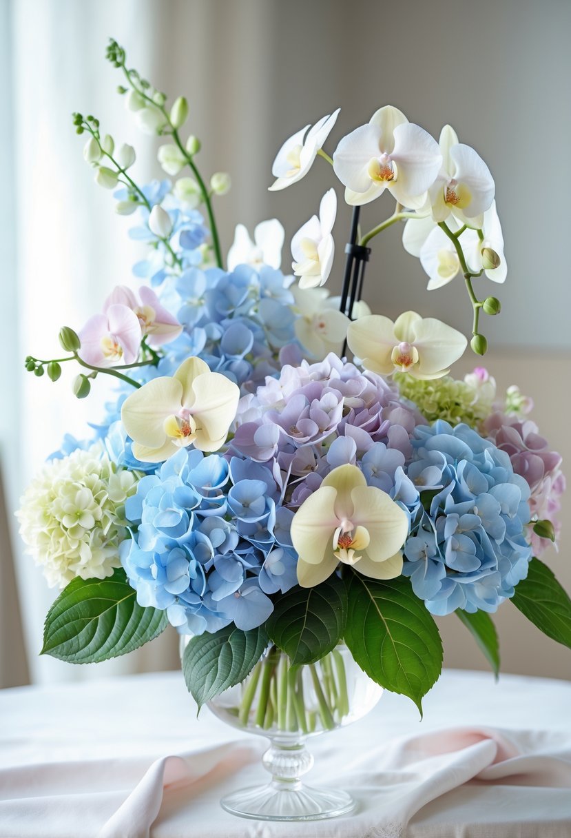 A floral baby shower centerpiece with soft pastel hydrangeas and white orchids arranged in a vase on a table.