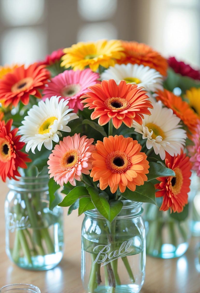 Colorful bouquet of gerbera daisies in mason jars on a wooden table as baby shower centerpieces.