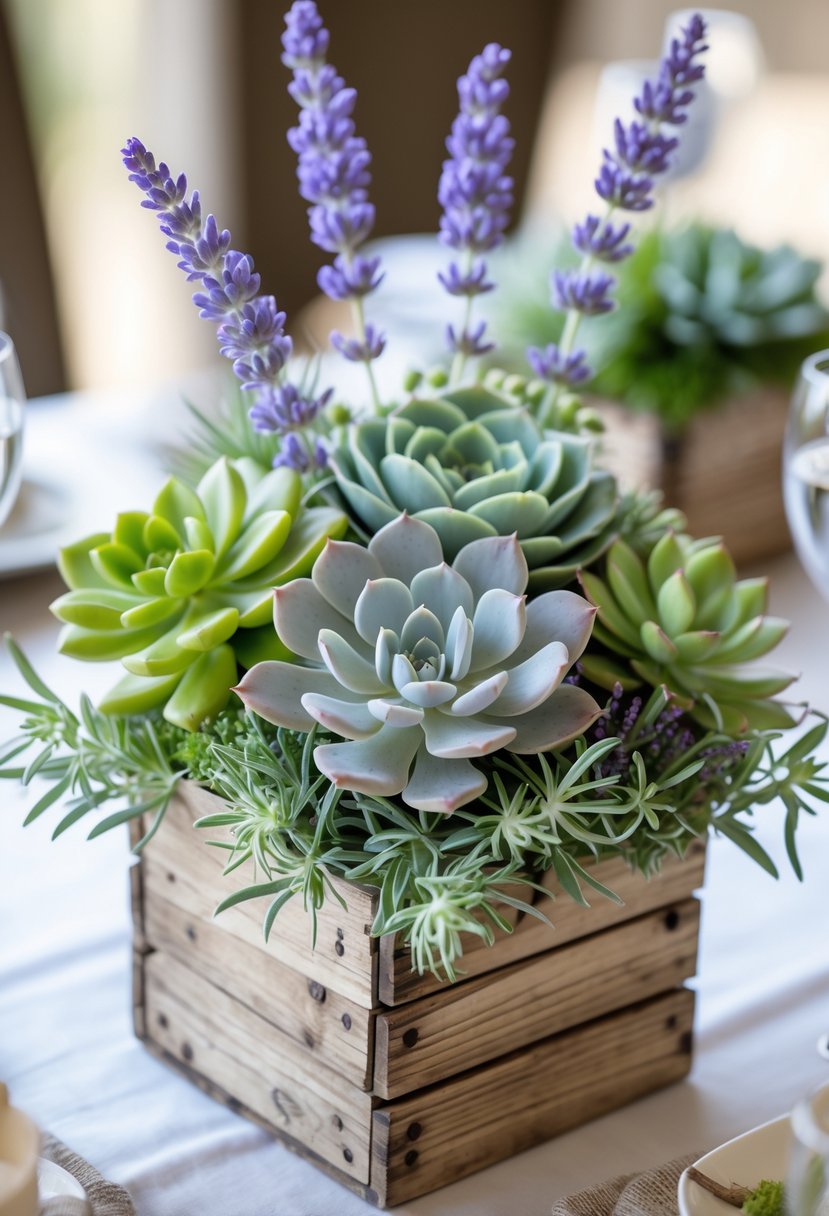 A wooden box filled with a mix of green succulents and purple lavender flowers arranged as a centerpiece.